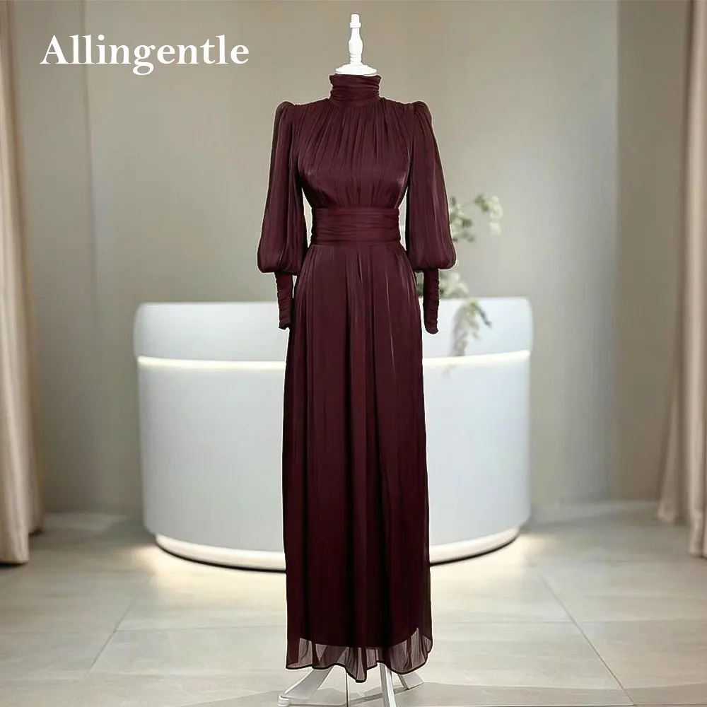 

Muslim Arabic Wome's Evening Dress High Neck Long Sleeves Long Prom Wedding Party Gown Pleat Chiffon Vestido De Gala Customized