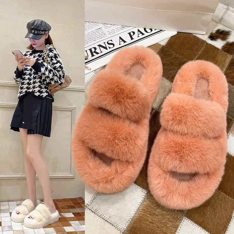 Shoes Slippers Casual Fur Flip Flops Platform Low Flock Slipers Women Beige Heeled Sandals Slides Luxury Plush Soft 2024 Black R