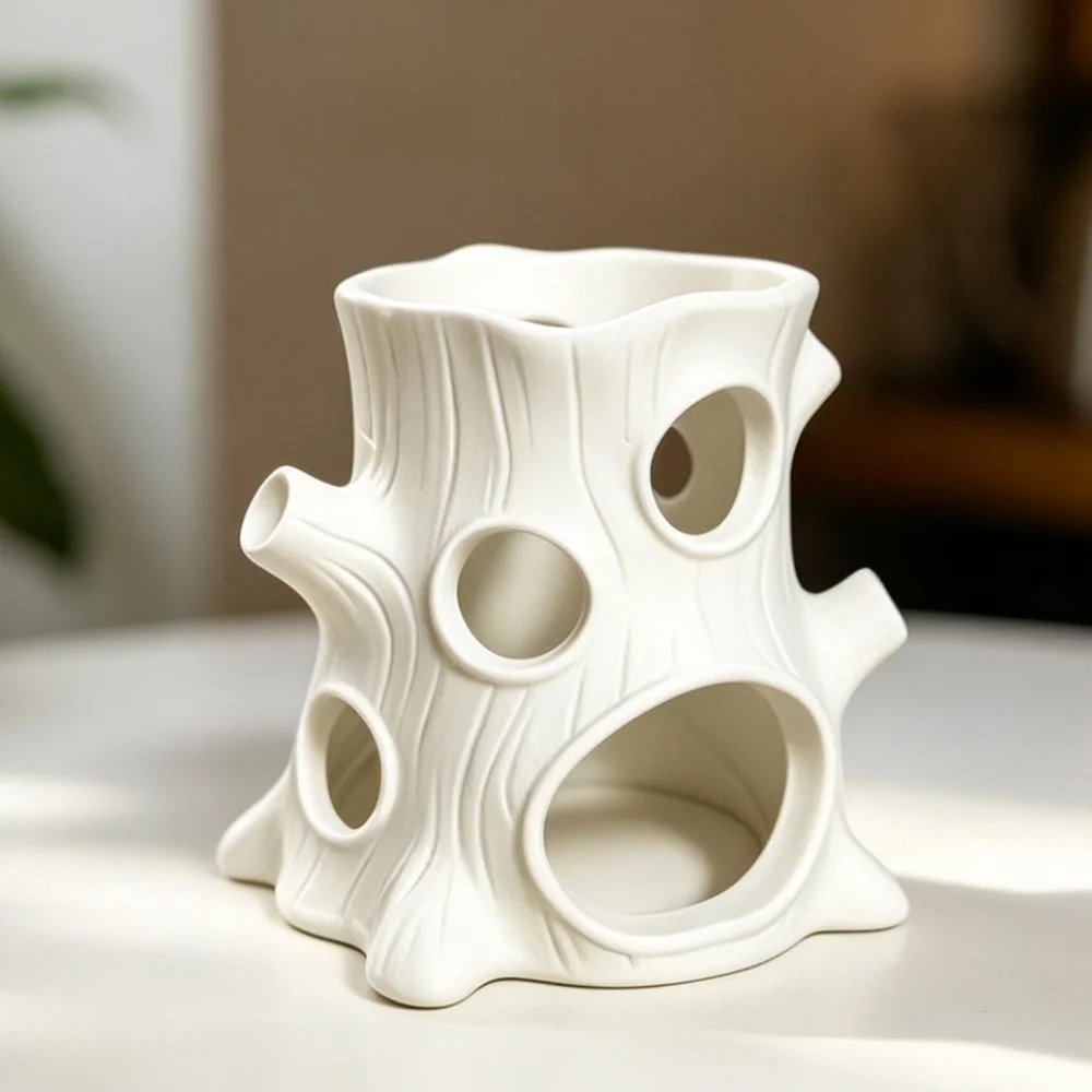 3D Printed White Tree Stump Organizer Figurine Minimalist Multi Hole Storage Holder Miniature Sculpture For Desk Shelf