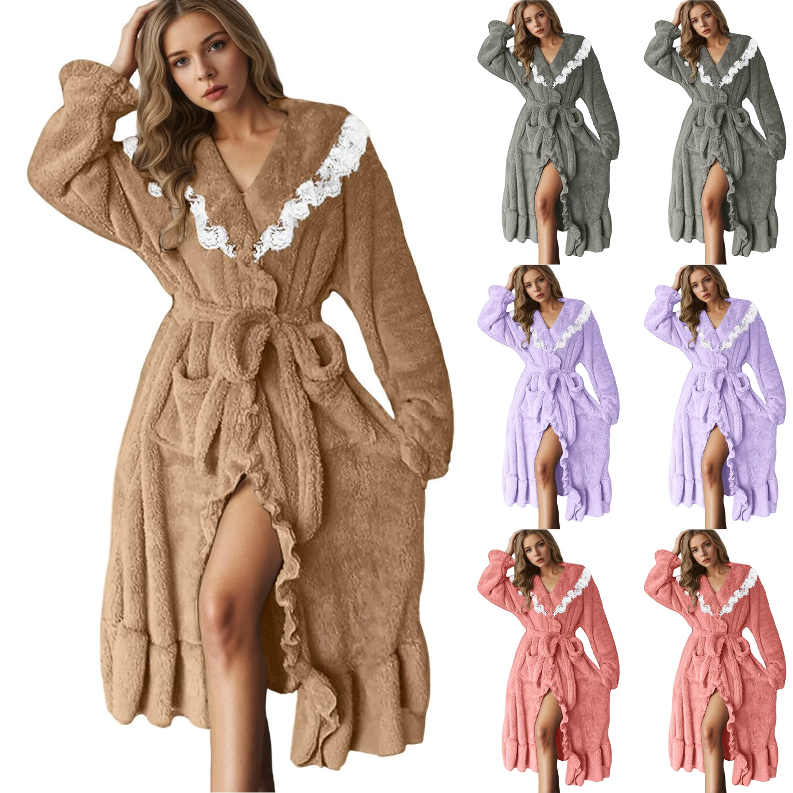 

Women's Long Thick Coral Fleece Robe Fall Winter Pure Color Warmth Simple Design Sleepwear Lazy Style Home Wear