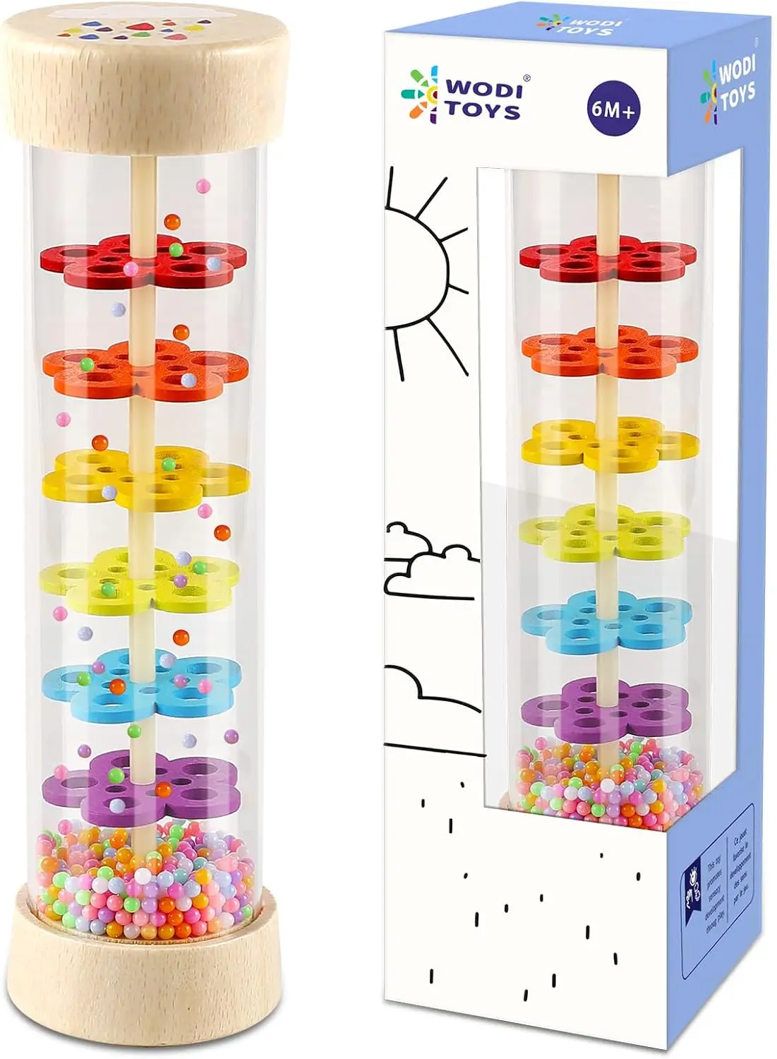 

7 Inch Wooden Rain Stick Montessori Sensory Toy for Babies 6-12 Months, Musical Rattle Shaker Developmental Instrument