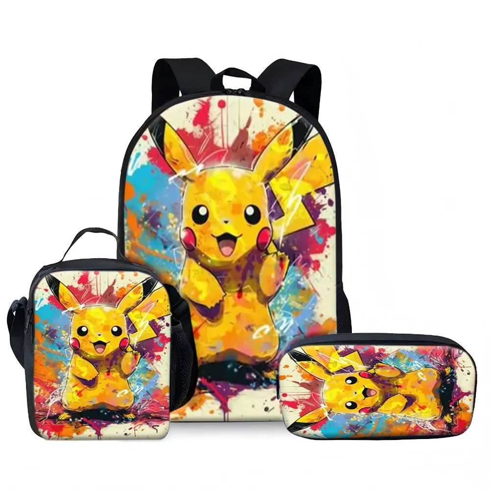 Kids Bag,Pokémon,Pikachu 3pcs Backpack Set Color Splash 3D Print Breathable Lunch Box Pencil Case Set for Boys Girls Kids Gif