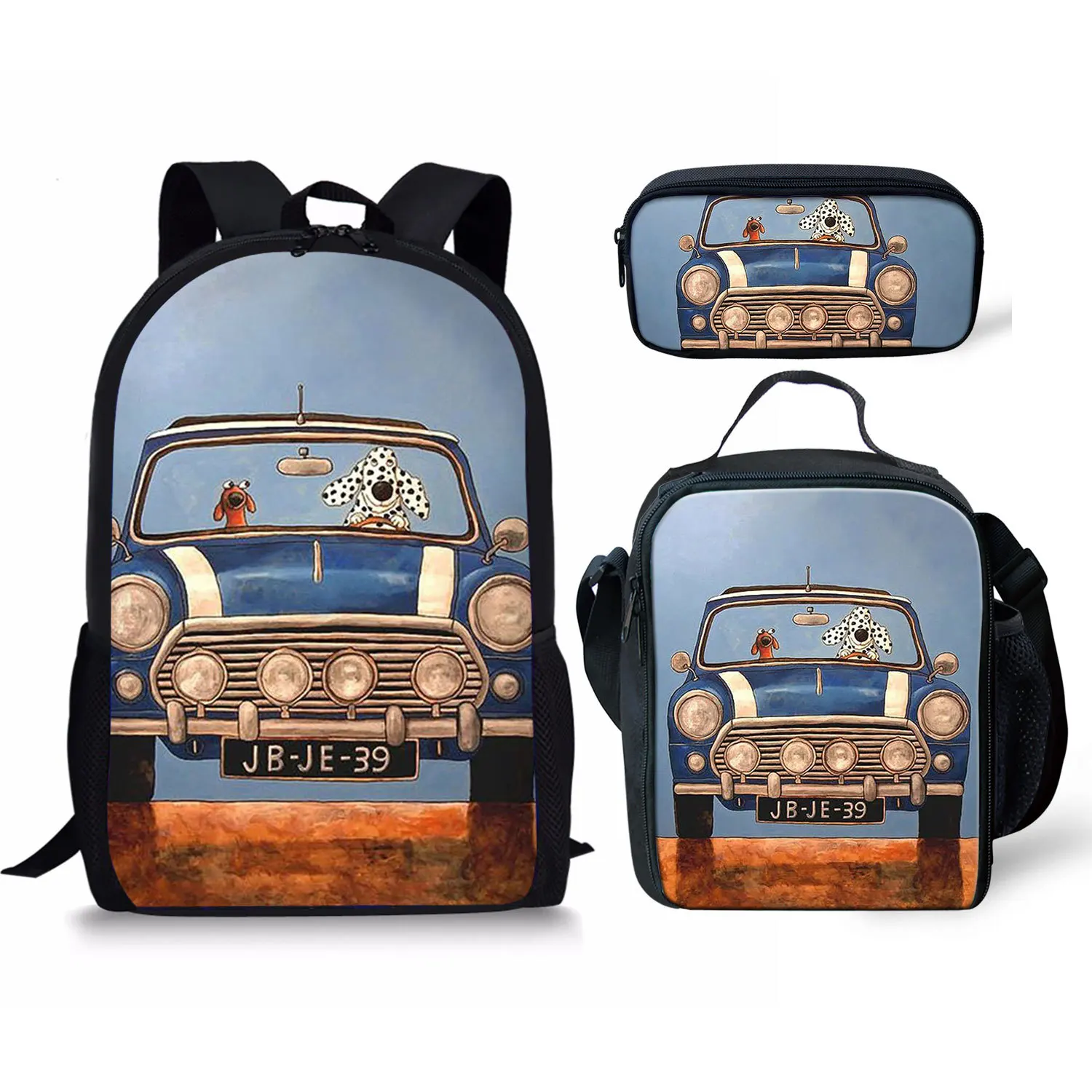 

2026 Creative Cartoon Trendy Car 3Pcs/Set School Bag 3D Print Student Campus Daily Book Bag Laptop Daypack Lunch Bag Pencil Bag