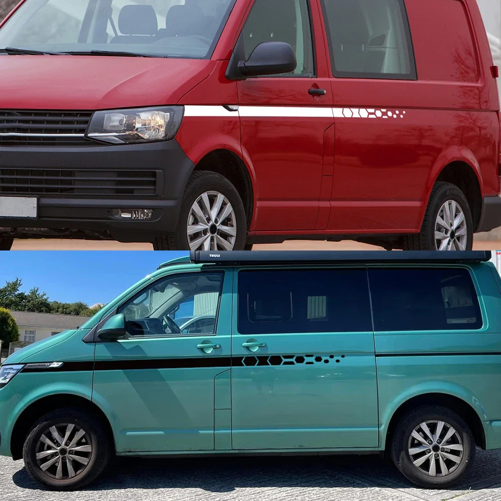 Car Styling Stripes Side Graphics Waistline Vinyl Decals Stickers For VW T4 T5 T6 Transporter Camper Van Honeycomb Hex Decor view 3