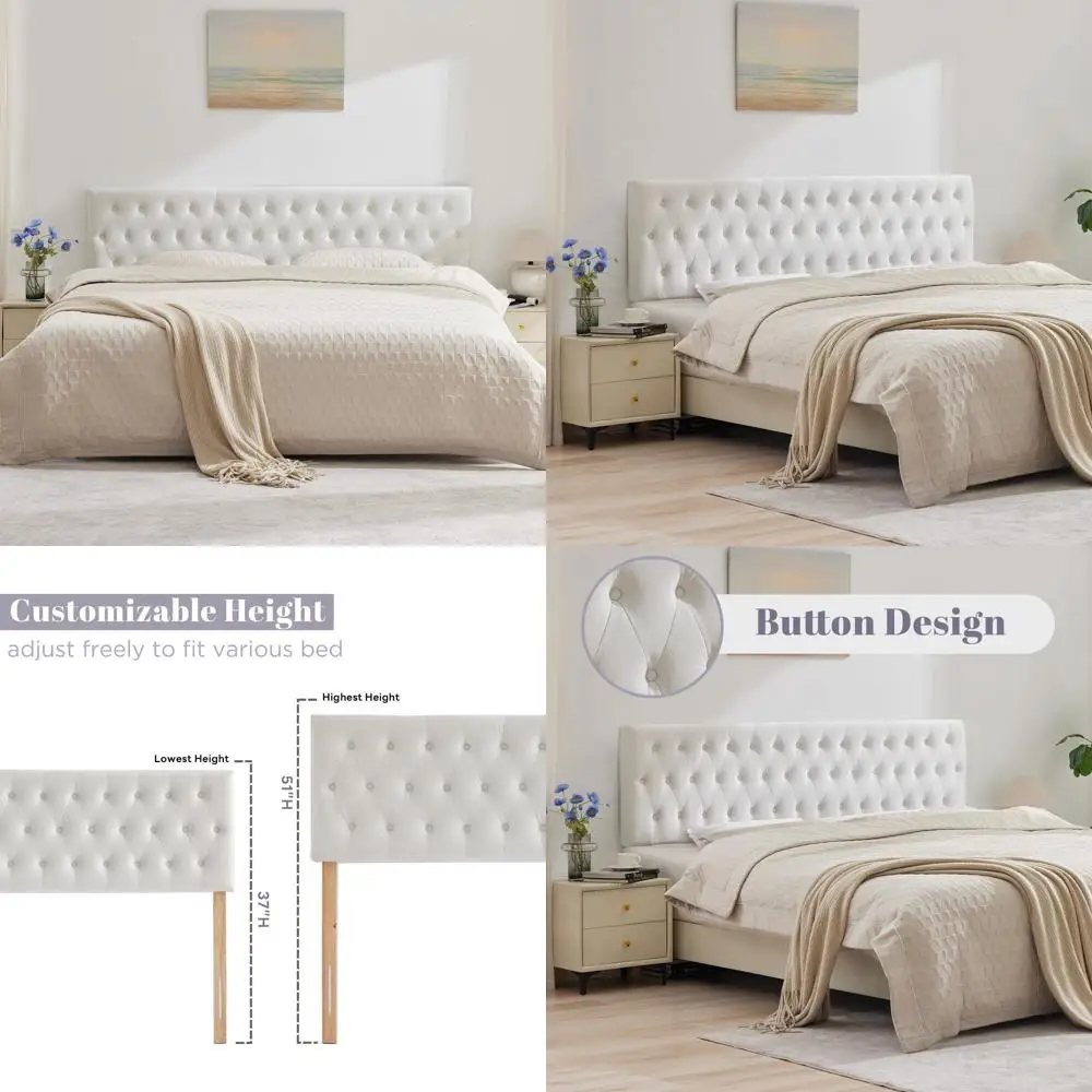 

Двуспальная кровать с бархатной обивкой, изголовьем с пуговичной отделкой, регулируемыми деревянными ламелями и премиальной мягкой поддержкой матраса для спальни (W