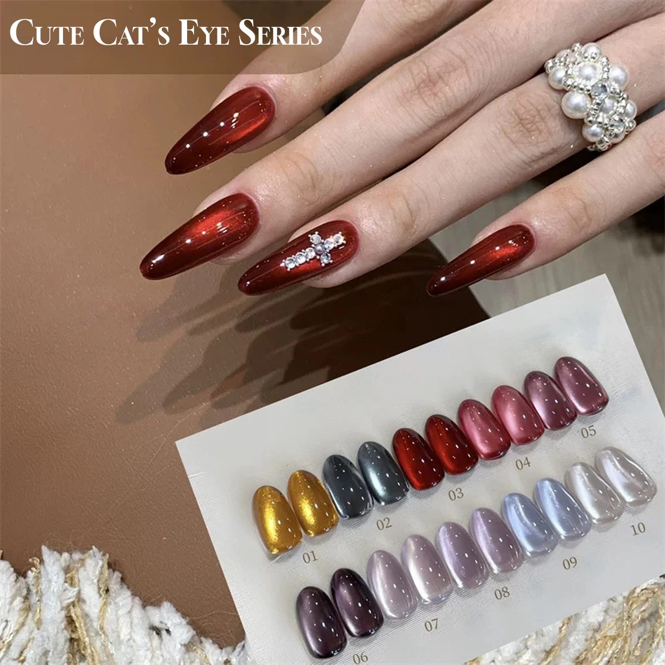 MIANEL12ML 1-10 stuks Lente Glazen Kraal Cat's Eye Gel Nagellak 2025 Nieuwe Stijl Leuke Huisdier Cherry Ruby ​ ​ Satijnen porseleinen witte nagels