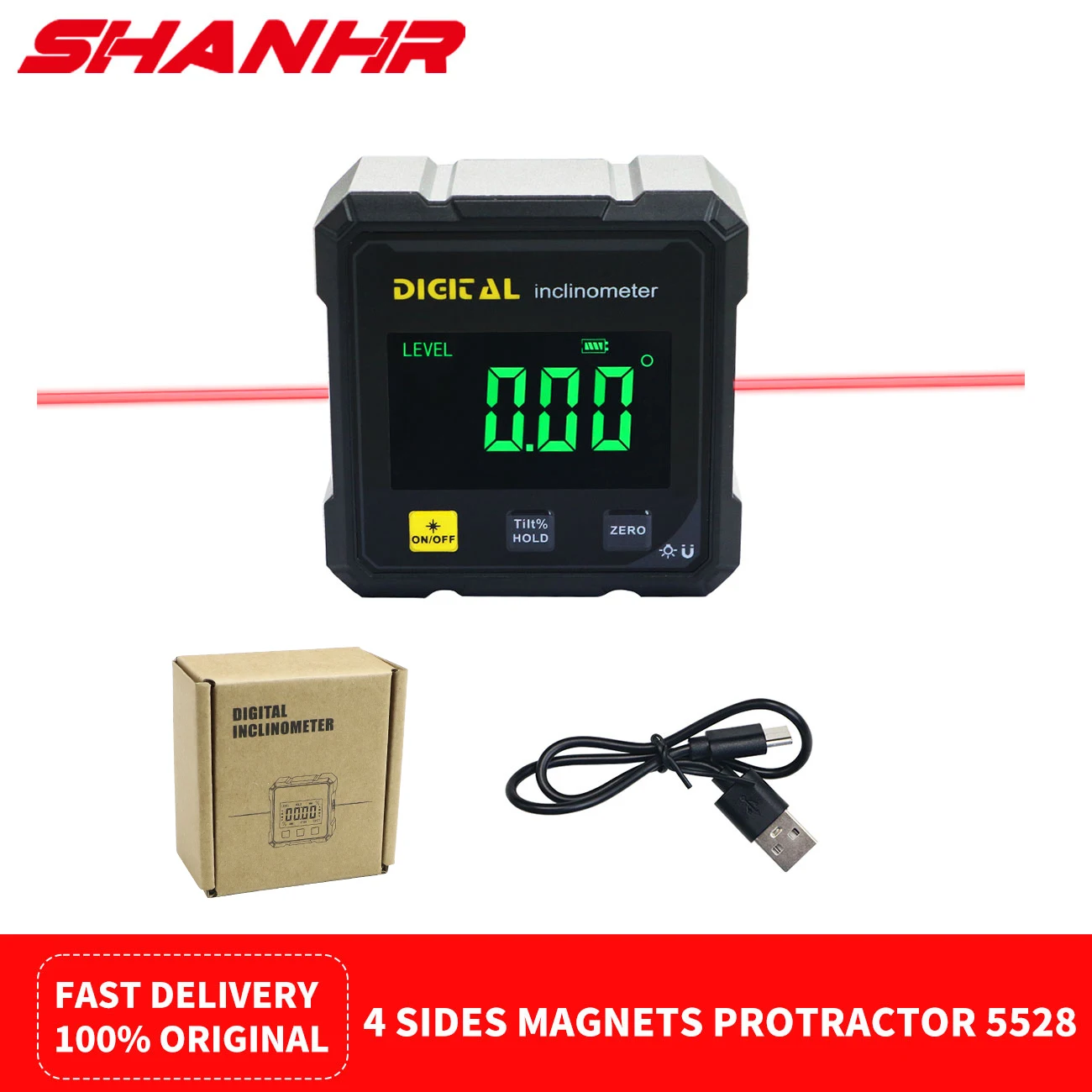 SHANHR 4-seitiger magnetischer Winkelmesser, Tischkreissäge, Gehrungswinkelmesser, digitaler Winkelmesser mit elektronischer Laser-Holzbearbeitungsmessung