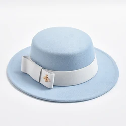 New Fedora Hat for Women Elegant Fashion Formal Wedding Decorate Church Cap Flat Top Bow Party Jazz Hat Chapeau Femme