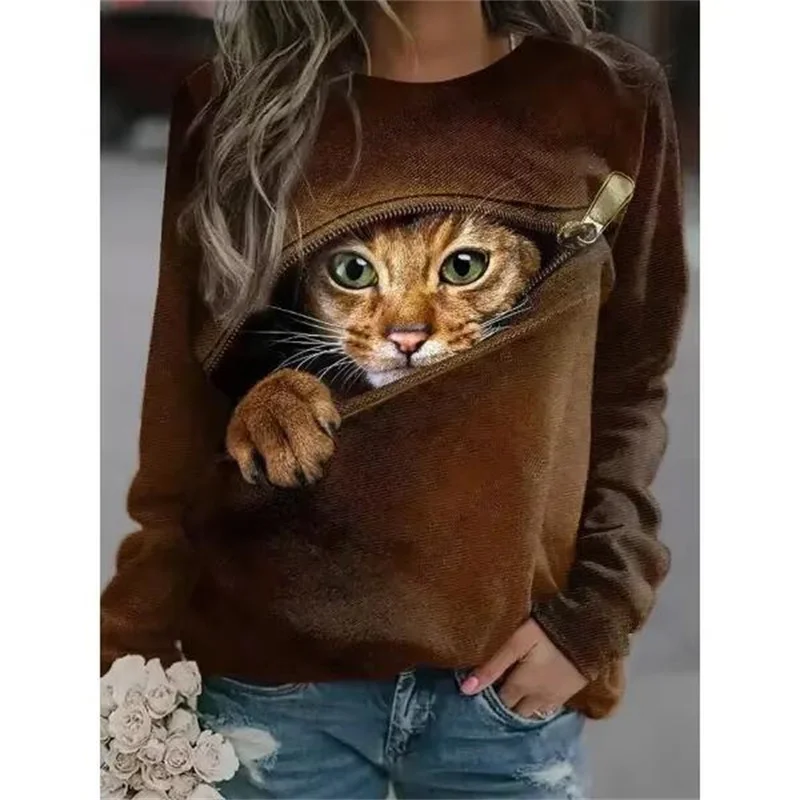 Sweat-shirt décontracté à col rond pour femme, sweat à capuche polyvalent, impression de chat 3D, mignon, petit, frais, vêtements de maison,