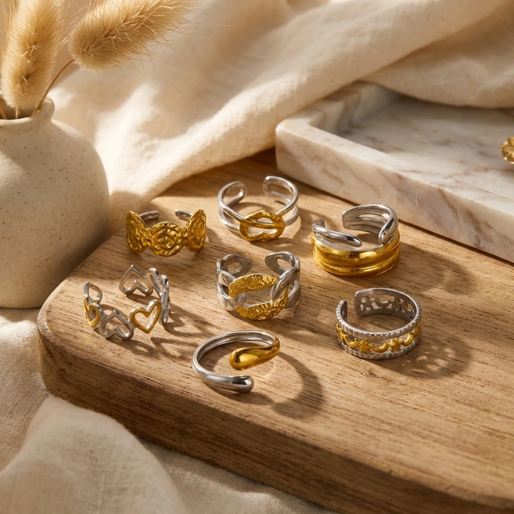 7-teiliges Skulpturales Abstraktes Blumen-Herz Ringset für Frauen Edelstahl Zweifarbig Gestapelte Massive Alltags-Minimalistische Schmuckstücke – Detail 3