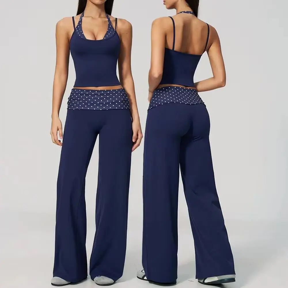 2 Piece Yoga Set Women's Halter Neck Crop Top Fold Over Waist Legged Flare Trousers Polka Dot Striped Gym Workout Running Outfit