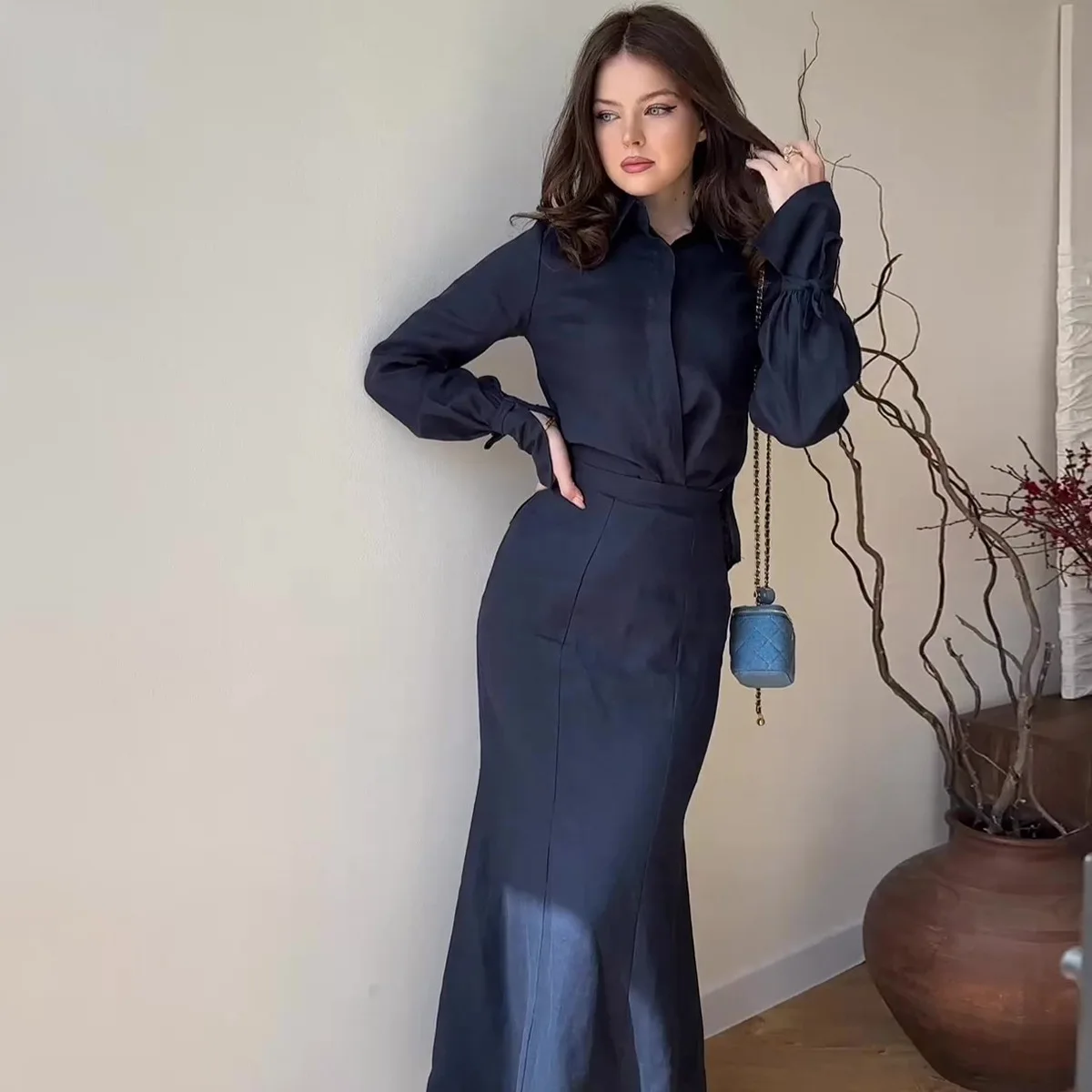 

Summer clothing breathable casual elegant professional commuter style two-piece long skirt lotus leaf sleeve shirt + fishtail