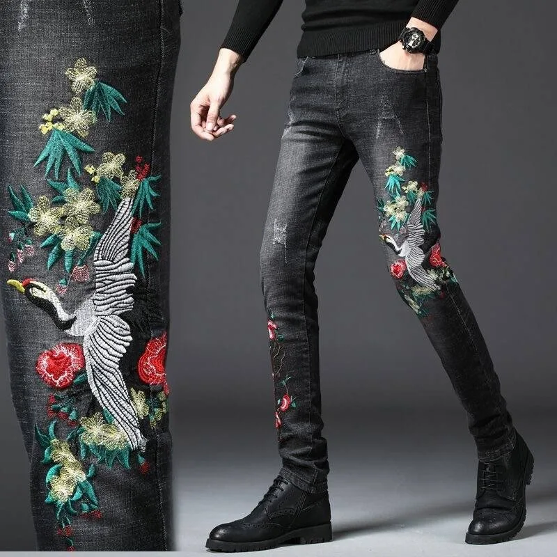 High Quality Men’s Classic Style Black Denim Pants,Chinese Element Embroidery Decors Slim Jeans,Scratches Street Sexy Pants;