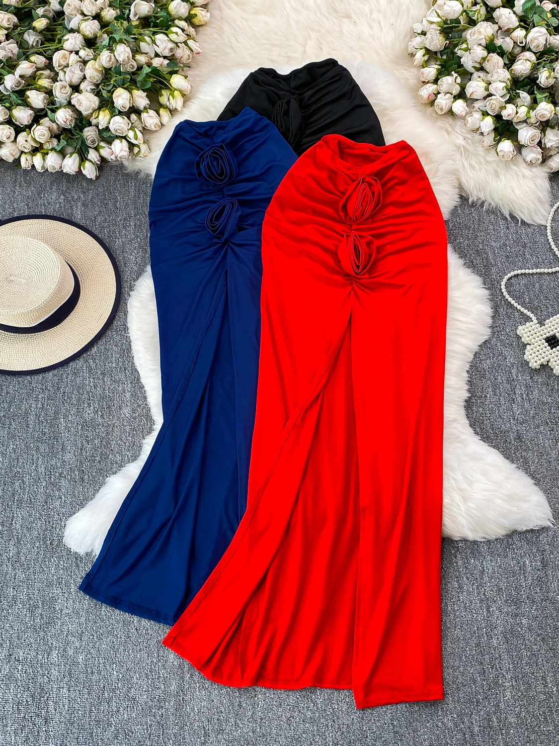 Elegant High Waist Half Body Skirt with 3D Flower Design for Women Sexy Split Long Skirt City Commute Style Straight Cut Skirt