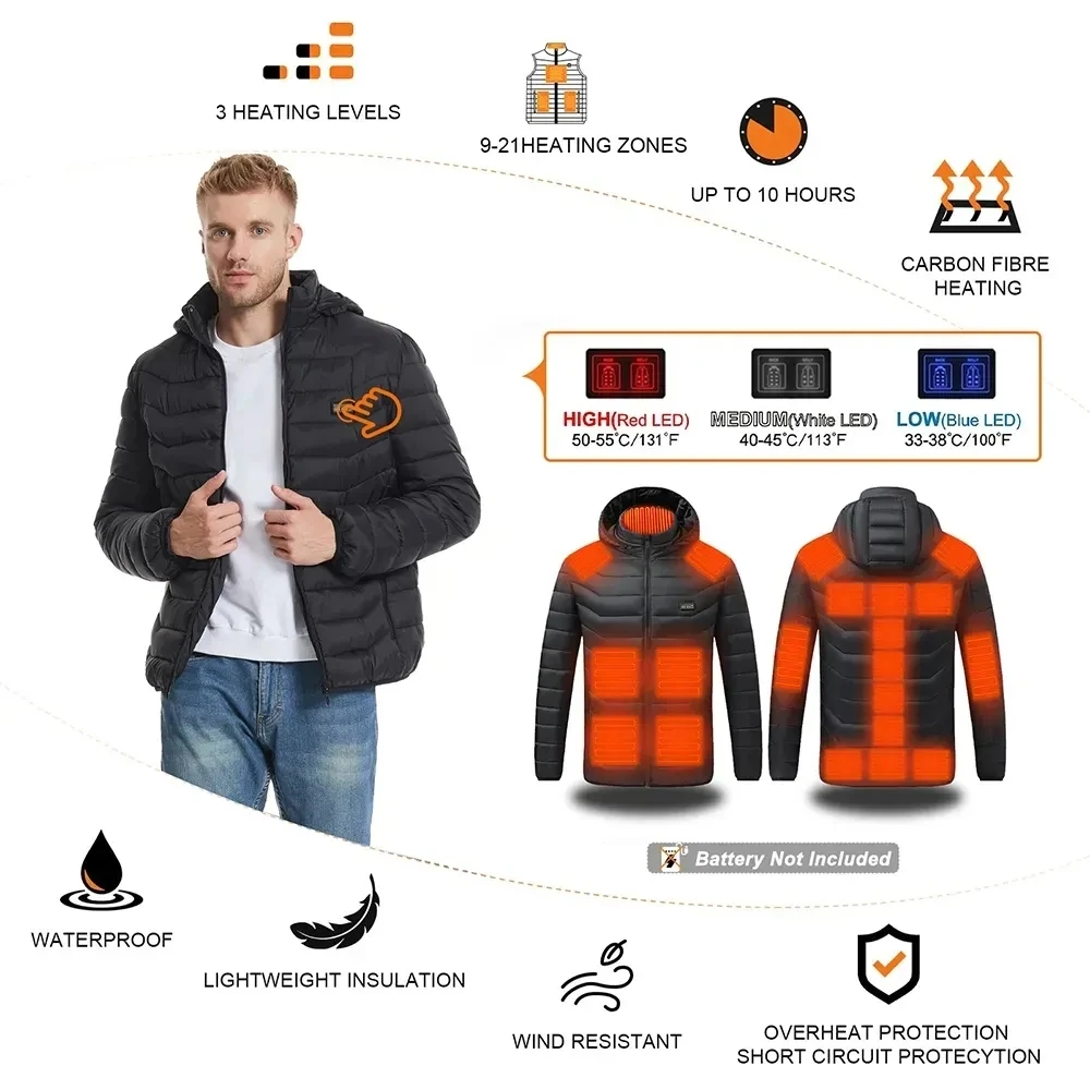 Chaqueta calefactora USB para hombre, chaqueta de motocicleta, esquí, camping, invierno, 21 zonas