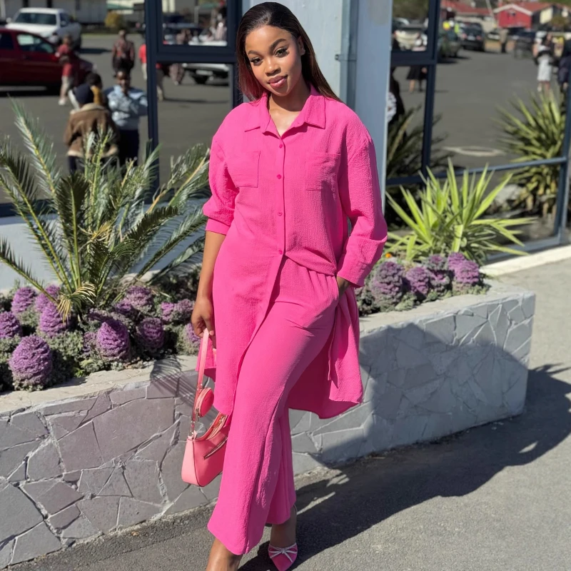 Elegantes afrikanisches Mode-Set für Damen, zweiteiliges Set mit langen Ärmeln, lockerem langen Hemd und weiter Hose, lässige Streetwear für Damen