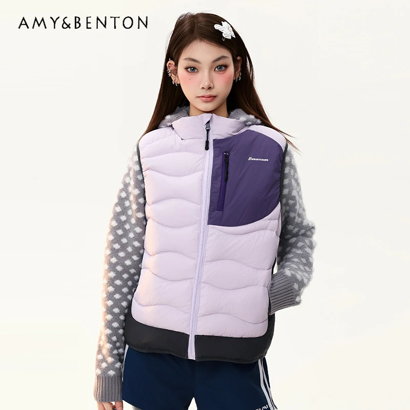 Damska kurtka z dzianiny w retro wzór w kropki, z łączonymi rękawami, na jesień i zimę, nowa, z białego puchu kaczego, z blokami kolorów, stójka, płaszcz dla dziewczyny.