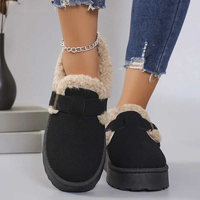 Snow Boots for Women 2024 Winter New Cashmere Warm Thick Soles Heel-covered Hair Half Slipper Cotton Shoes for Women