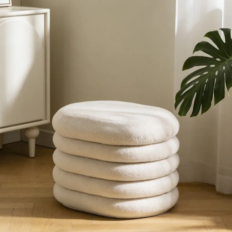 Nordic Teddy Fleece Round Storage Stool, Stackable Space-Saving Shoe Bench, Living Room Sofa Footrest Ottoman, Home Storage Pouf