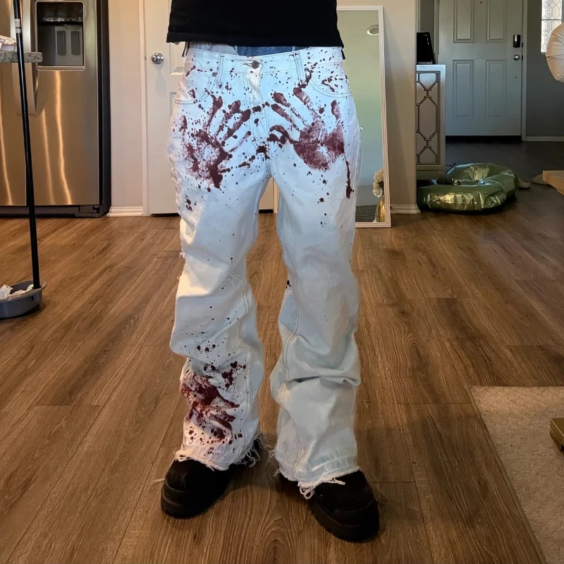 

Y2K Harajuku White Men Baggy Jeans Retro Horror Blood Handprint Printed Fashionable High Street Hip Hop Unisex Wide Leg Pants