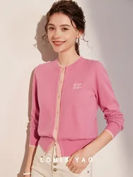 LOUIS YAO 2024 Winter Color Contrast Splicing Fake Two Piece Cardigan Fashionable Micro Elastic Long Sleeve Women's Knitted