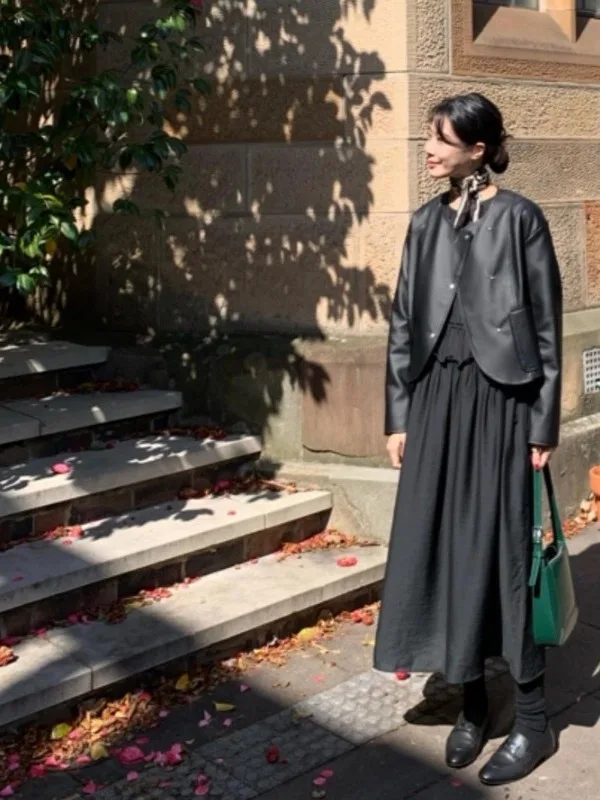 

Retro Asymmetrical Open Cardigan Women's PU Leather Jaet Motorcycle Sle Side Button Versatile Long Sve Faionable Out...