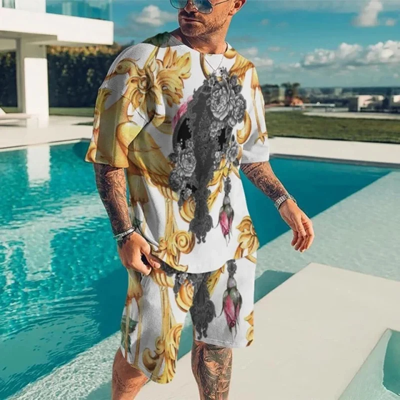 Men's Summer T-shirt And Shorts Set Baroque Gold Flower 3D Print Casual Vintage Streetwear Tracksuit 2pcs