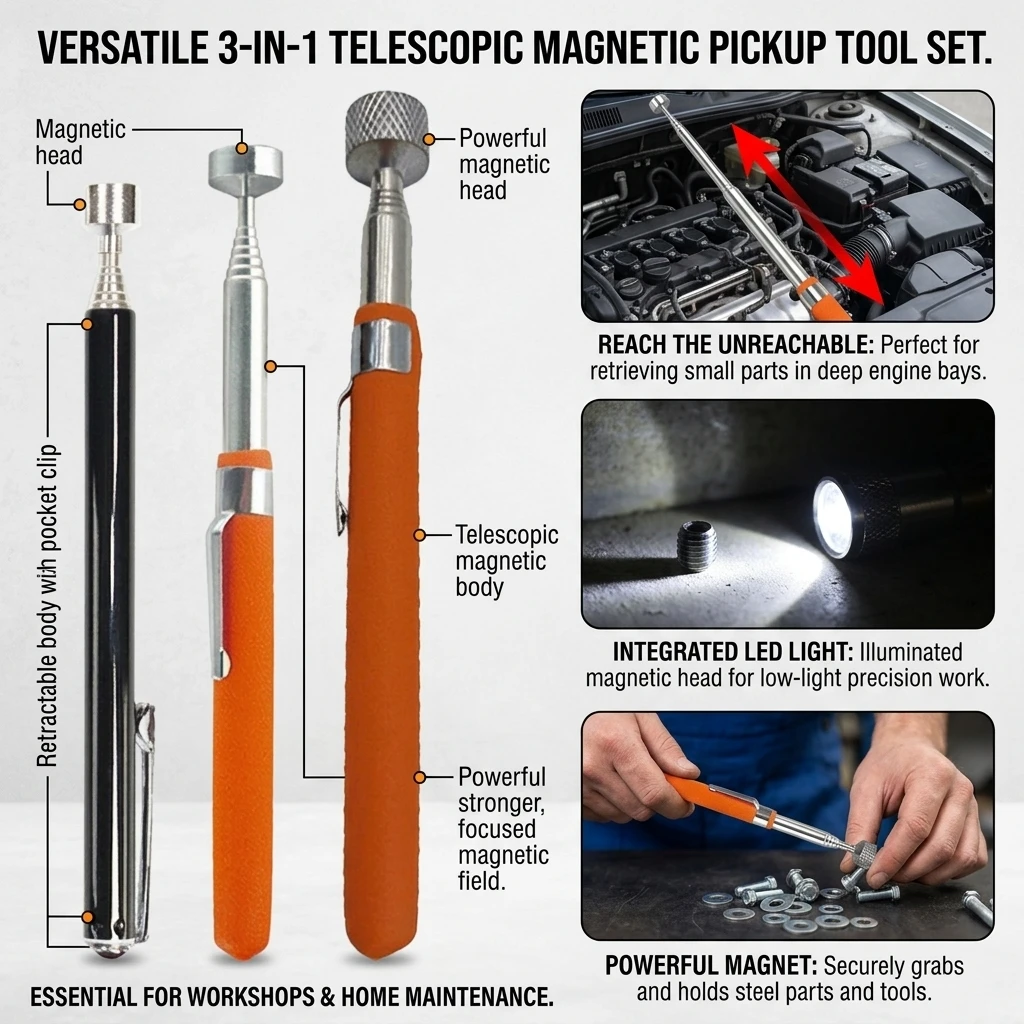 Scalable Magnetic Picker Auto Repair Tool with Light Magnetic Rod Screw Magnet Retrieval Tool for Electronic Component Recovery