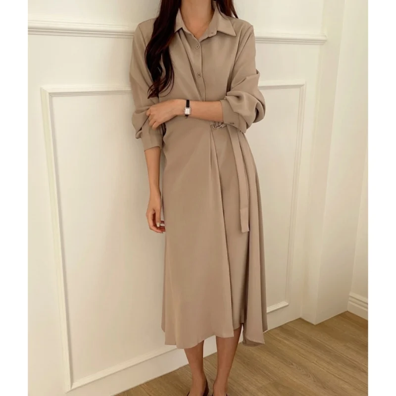 REALEFT Elegant Irregular Women's A-line Dresses 2025 New Long Sleeve Single Breasted Lace-up Casual Loose Shirts Dress Female