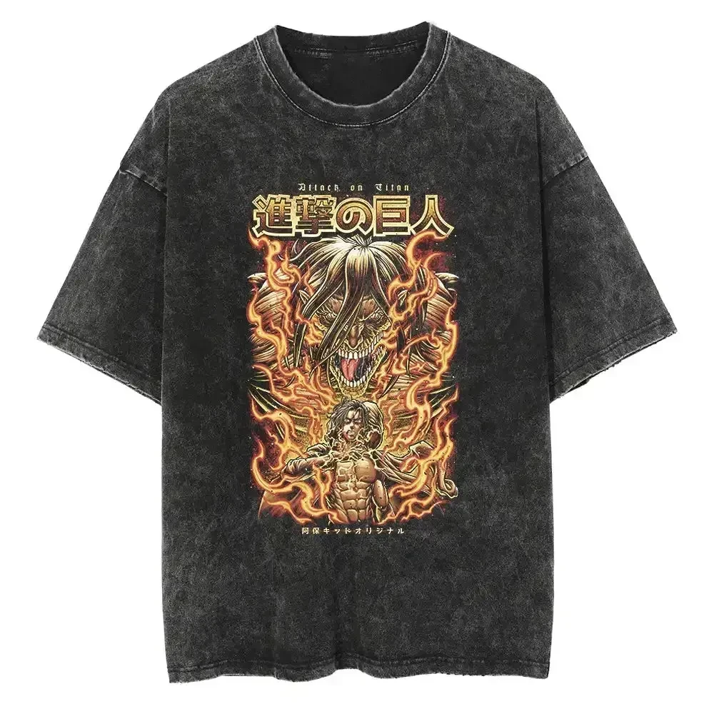 Camiseta de Algodón Lavada de Ataque a los Titanes para Hombre y Mujer, Camiseta de Anime de Verano y Primavera con Estampado de Eren Yeager, Camiseta Retro de Manga Corta Desgastada