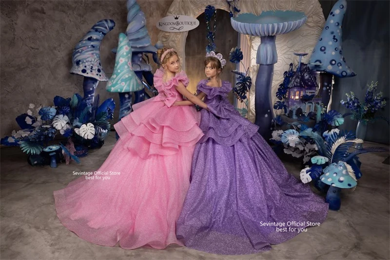 Robes de demoiselle d'honneur violettes pour filles, robe de Rhà plusieurs niveaux, robe de mariée personnalisée, robes de fête d'anniversaire pour enfants