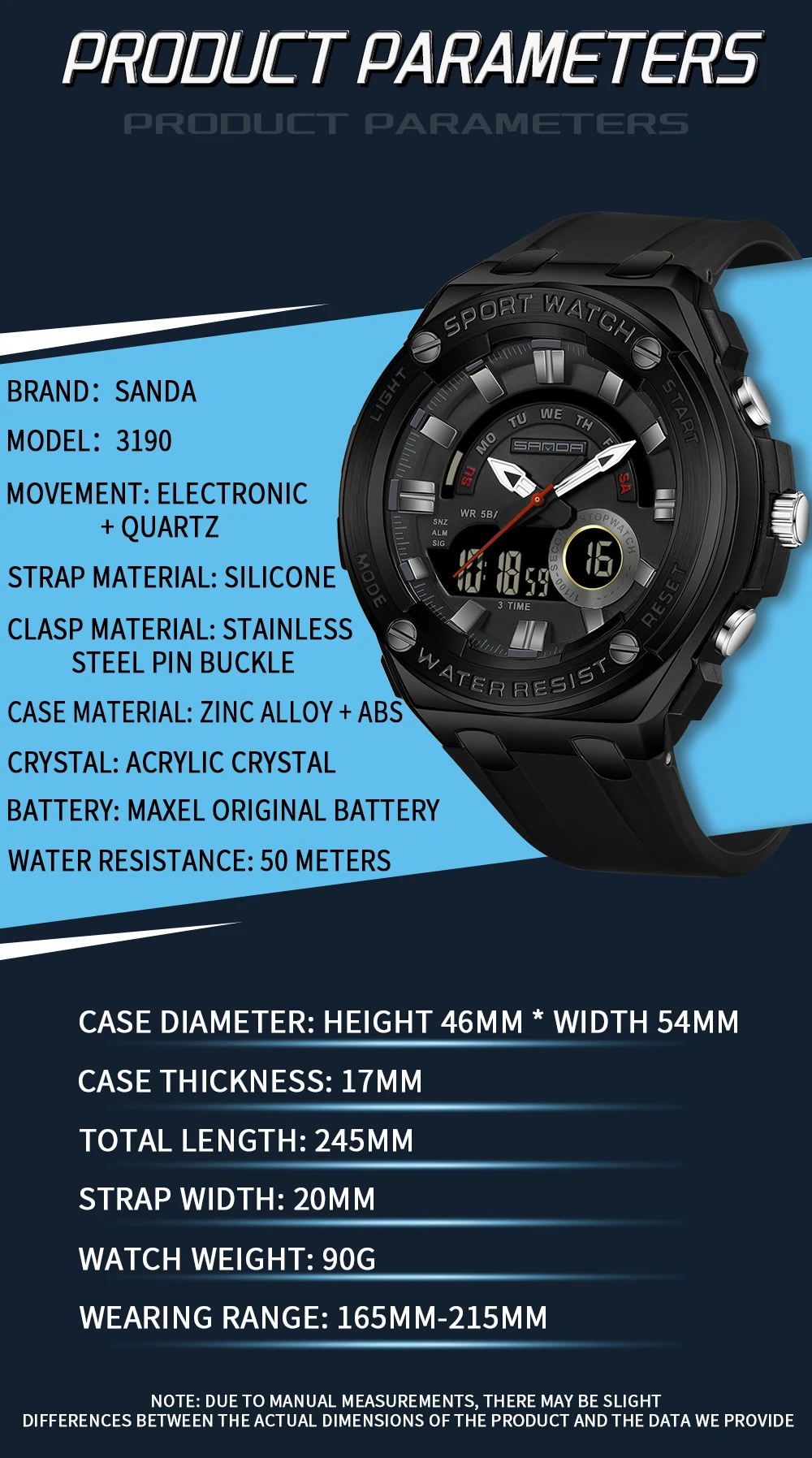 Fashion Sanda 3190 Hot Selling Multifunctional Men\'s Electronic Quartz Watch Waterproof Night Light Alarm Clock Student Sports