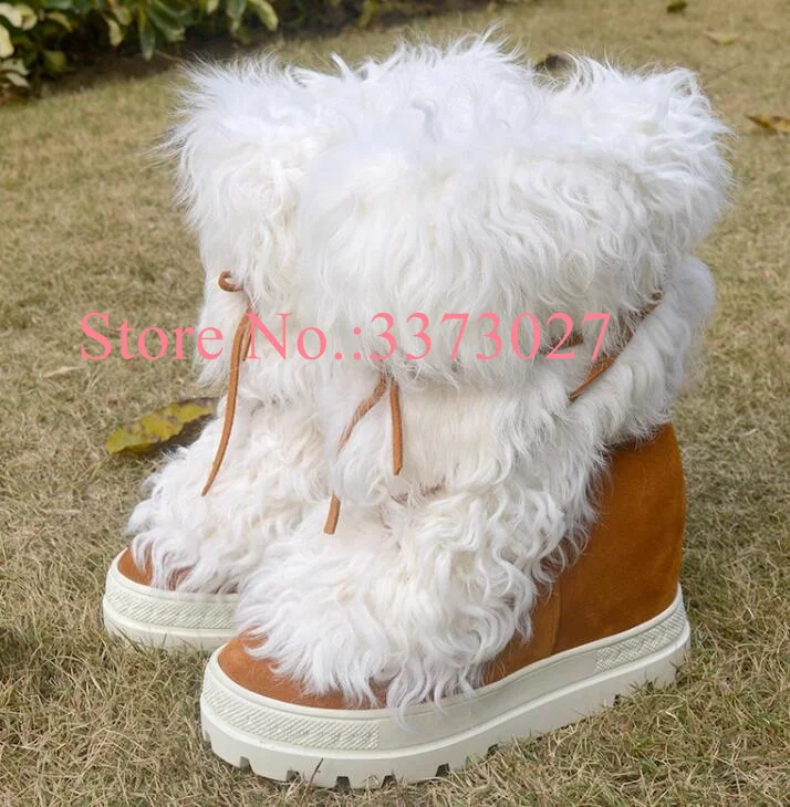 Brown Color Warm Fur Lady Boots Fashion 10cm Increasing Heel Lace-up Woman Snow Boots Sexy Platform Ankle Boots