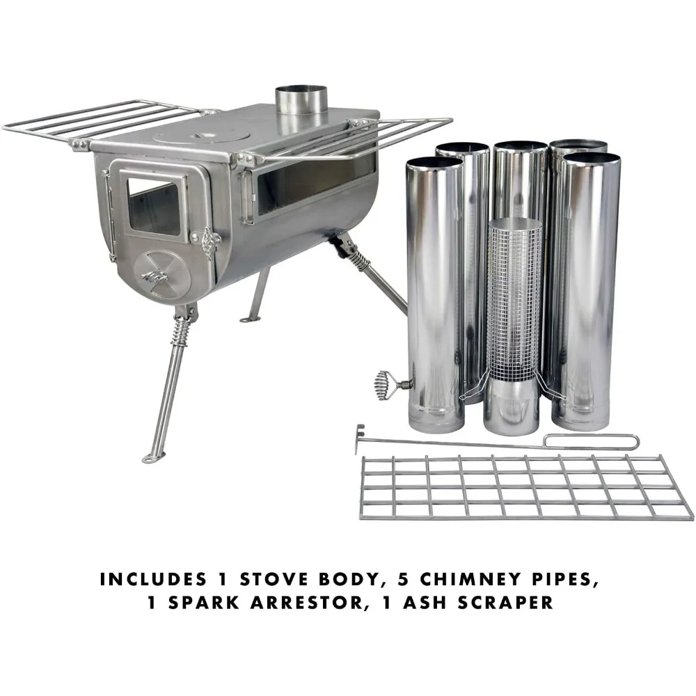 Woodlander Double-View Large Tent Stove , and Camping  Cubic Inch Firebox  Stainless Steel Construction  Includes Chimney Pipe