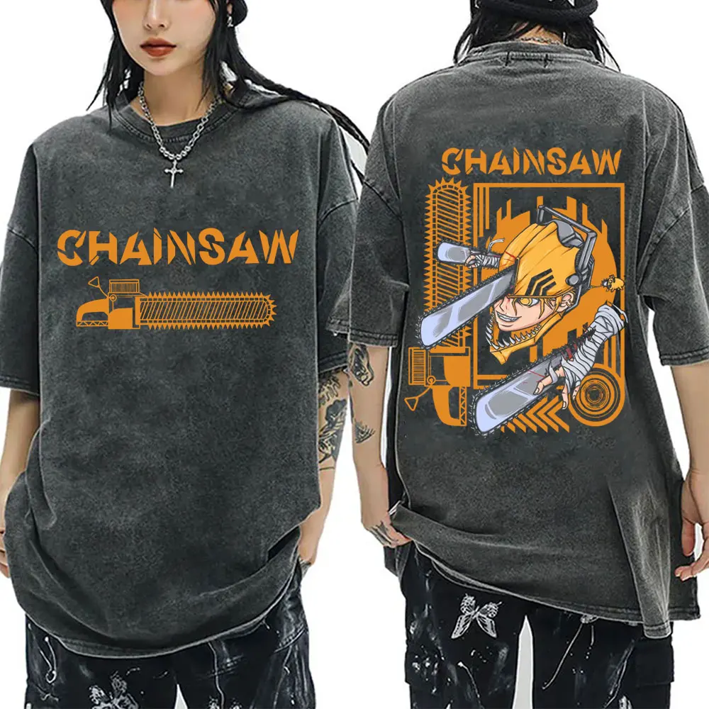 

Washed Vintage Anime Chainsaw Man Pochita and Denji Fusion Graphic T-shirt Men Women Manga Fashion Casual T Shirts Streetwear