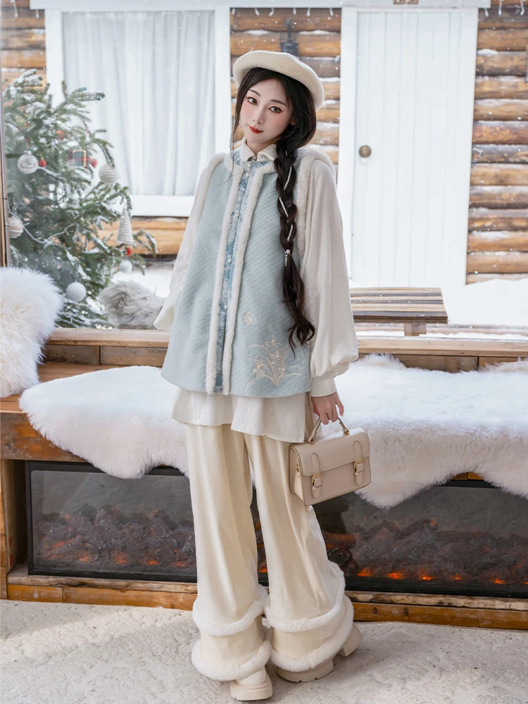 

Rimeng Velvet Original Ming Sle Improved Stand Collar irt Wide Leg Pants Lace Circle Woolen Autumn Winter Hanfu Set