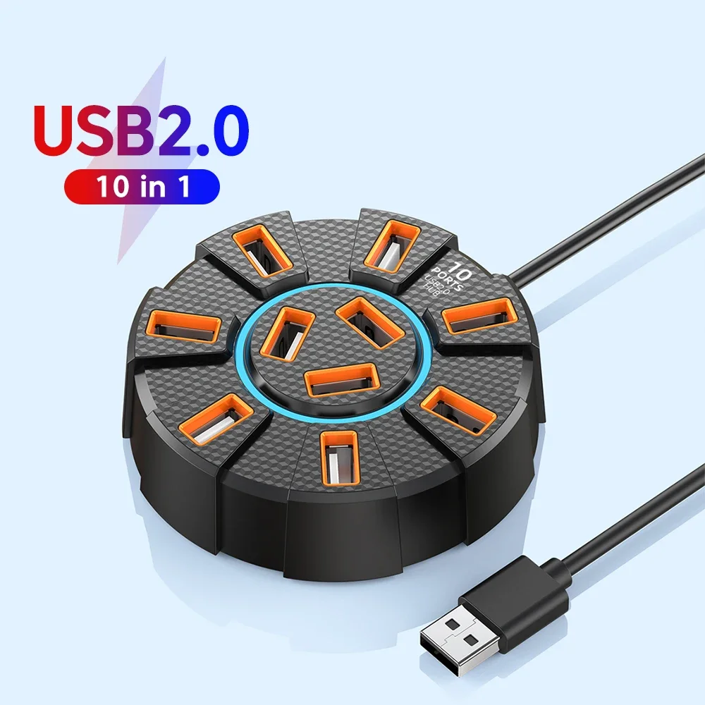 USB 2.0 Hub 10 Ports Multi Splitter Adapter 5Gbps High Speed USB Splitter Power Adapter 7 Port Multiple Expander for PC Laptop