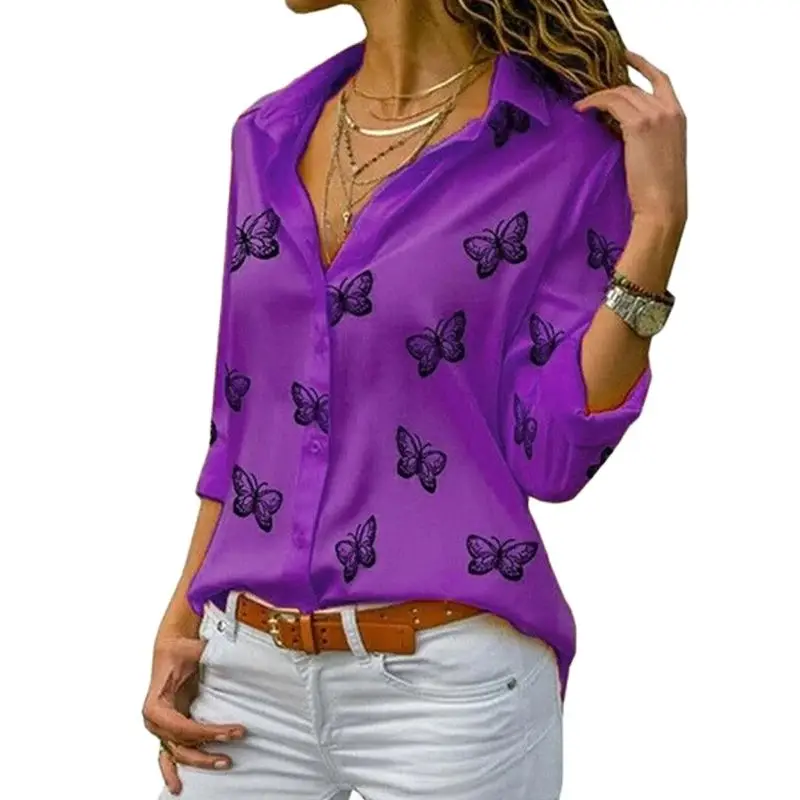 New Women\'s Fashion Shirt Clothing Loose Lapel Button T-shirt Butterfly Print Open Front Shirt Ladies Elegant Casual Blouses