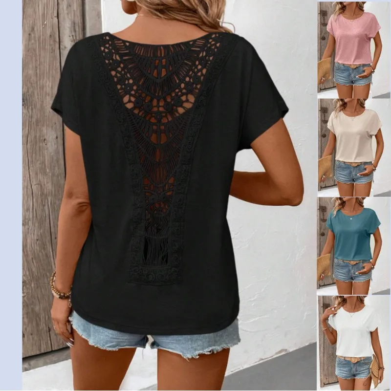 2026 Station Lace Stitching Short Sleeve T-Shirt Women's Cleanfit Style Other Material Ladies Fashion Winter Collection