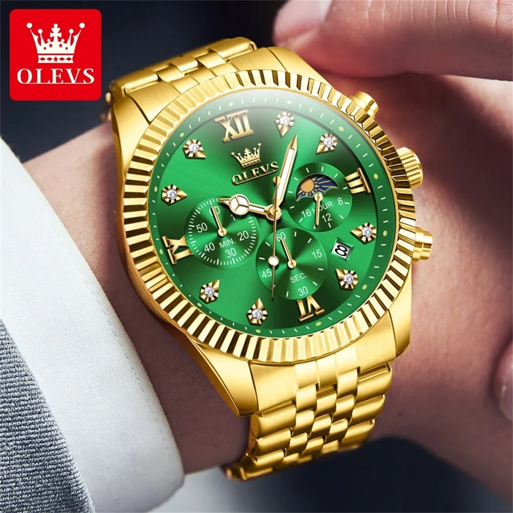 OLEVS 2024 New Original Quartz Watch for Men Gold Stainless Steel Waterproof Chronograph Moon Phase Top Luxury Brand Men\'s Watch