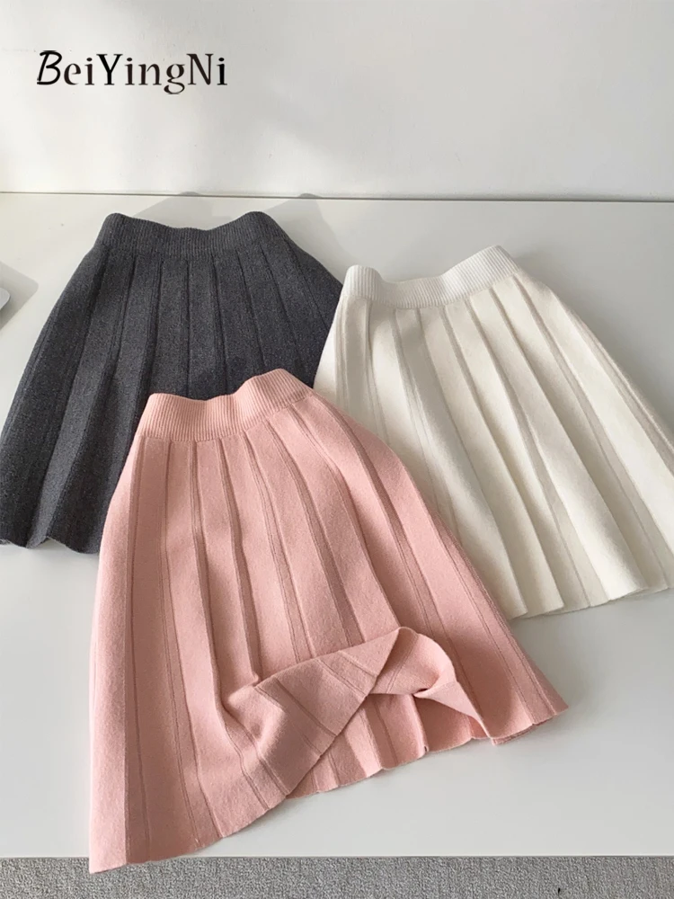 

Beiyingni Autumn Winter Knitted Pleated Mini Skirts for Women Plaind Preppy Style Chic Kpop A-line High Waist Short Skirt Girls