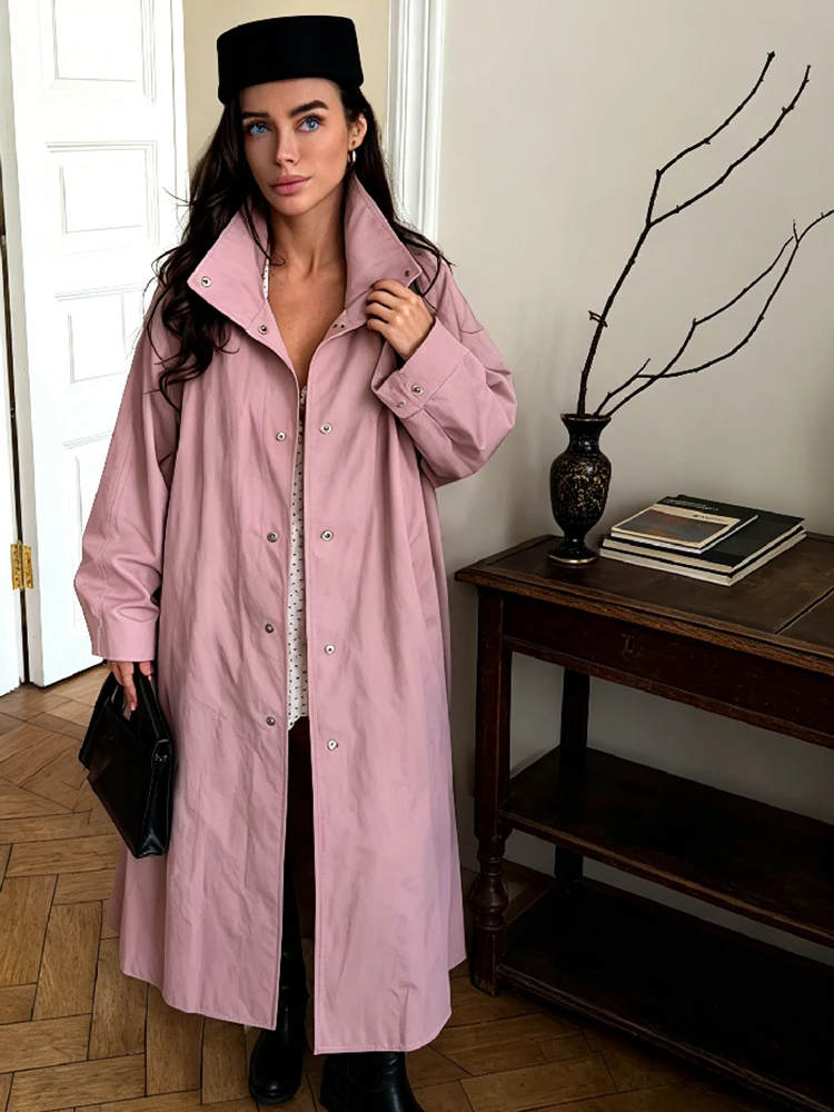 Casual Stand Collar Women Long Trench Coat Single-breasted Lantern Sleeves Pink Windbreaker Jacket Spring Fall Fashion Overcoat view 6