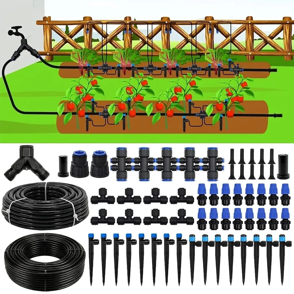 Quick Connect Drip Irrigation System Kit Featuring 1/4 and 1/2 Inch Tubing Adjustable Nozzles Sprinklers for Automatic Garden