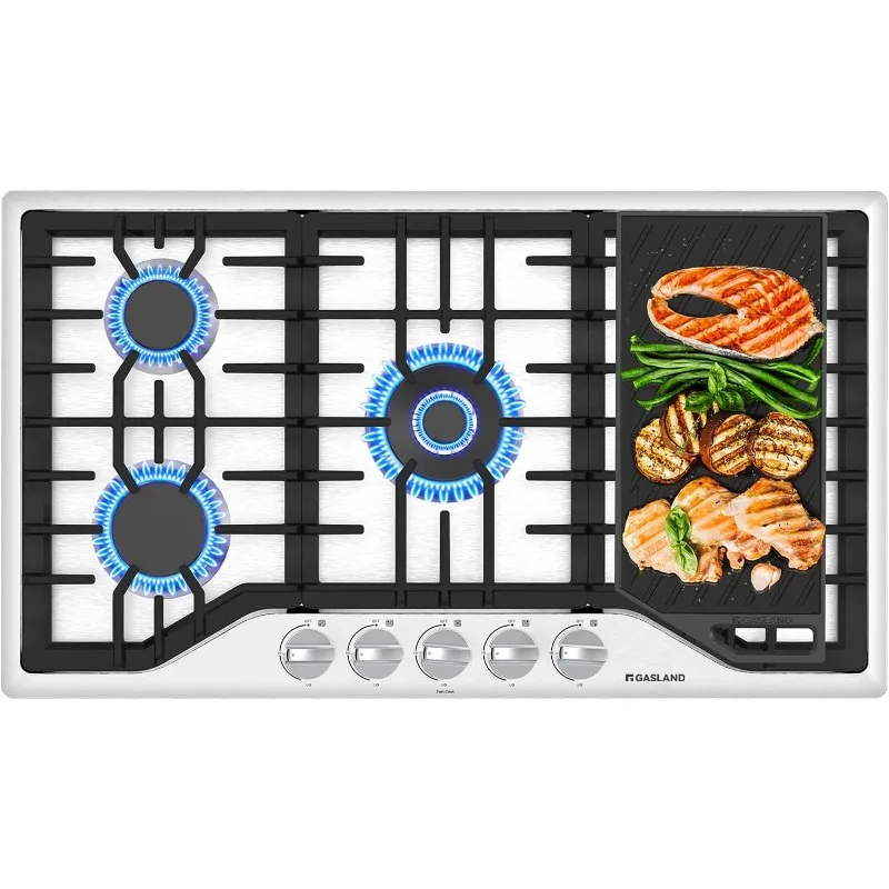 36 Inch Gas Cooktop, GASLAND PRO GH3365SF 5 Burner Gas Stovetop with Reversible Cast Iron Grill/Griddle, Gas Countertop Plug-in