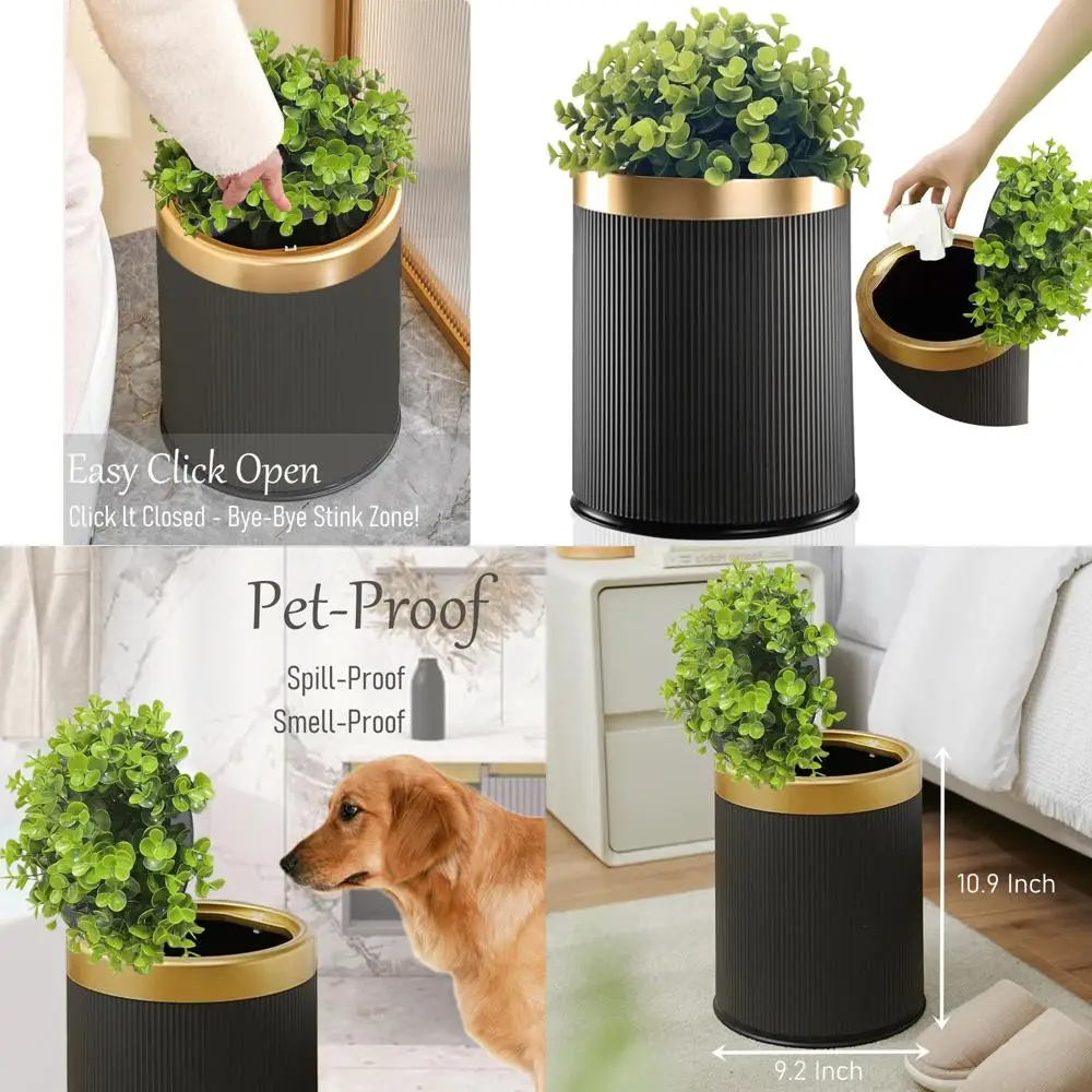 

Декоративное мусорное ведро для искусственных растений с крышкой - черный и золотой 2,6 галлона, идеально подходит для офиса, спальни, гостиной и прихожей