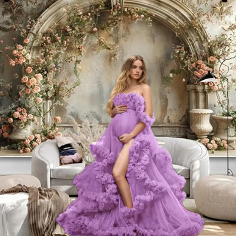 

Purple Fluffy Maternity Dresses photoshoot Tiered Ruffled Women baby shower dresses for pregnant woman vestido maternidad