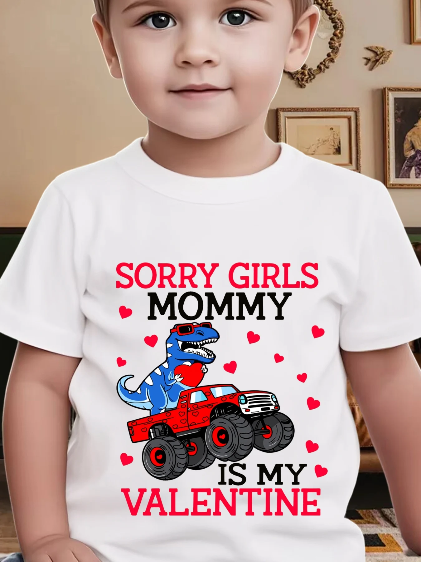 New Boys Fun Red‑Heart Dinosaur  Car Print T‑Shirt, Crew‑Neck Top For Spring‑Summer, Great Valentine & Party Gift