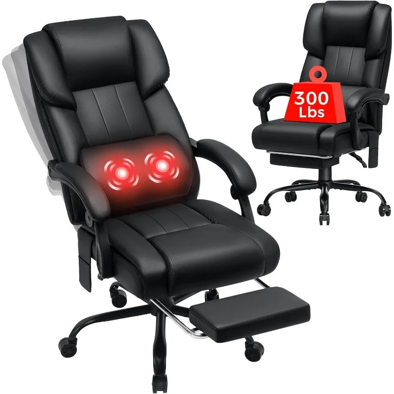 

HOFFREE Reclining Office Chair with Massage and Heat Big and Tall Executive Office Chair with Foot Rest High Back PU Leather Com