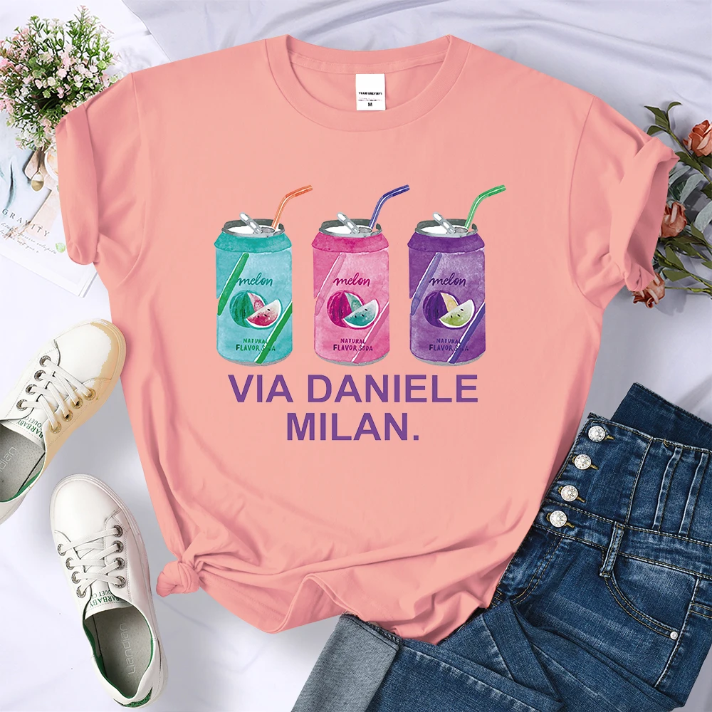 Via Daniele Milan Drinks T Shirt Female Street Fashion T-Shirt Shoulder Drop Breathable Tops Hip Hop Casual Short Sleeve Women