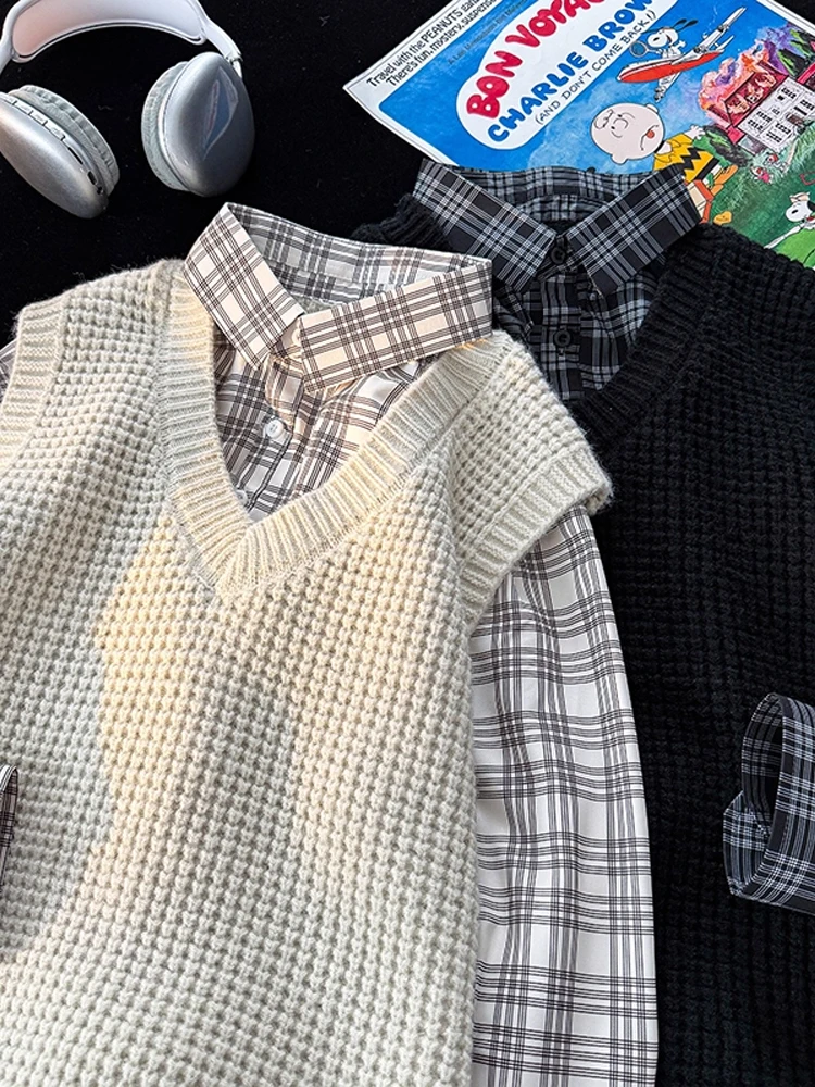 

Мужской вязаный свитшот свободного кроя с V-образным вырезом, осенний, плотный, в клетку, с лоскутными вставками, удобный, из полиэфирного волокна, модный